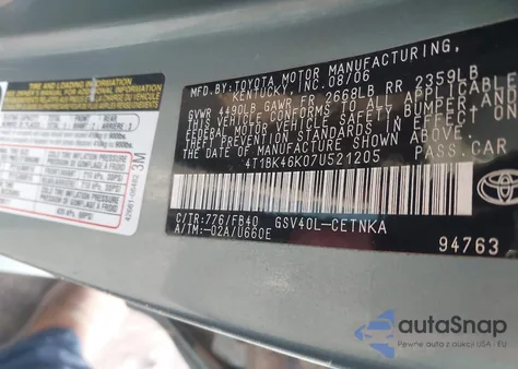 2007 Toyota Camry Le V6 из США, поврежденный, VIN 4T1BK46K07U521205